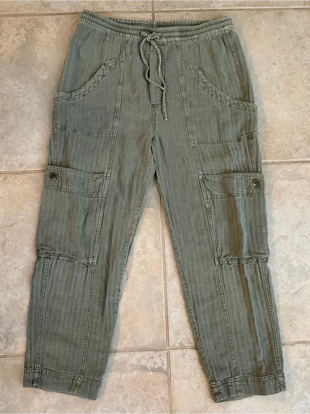 Free People Feelin’ Good Utility Pull On Linen Cotton Green Pants Size Medium